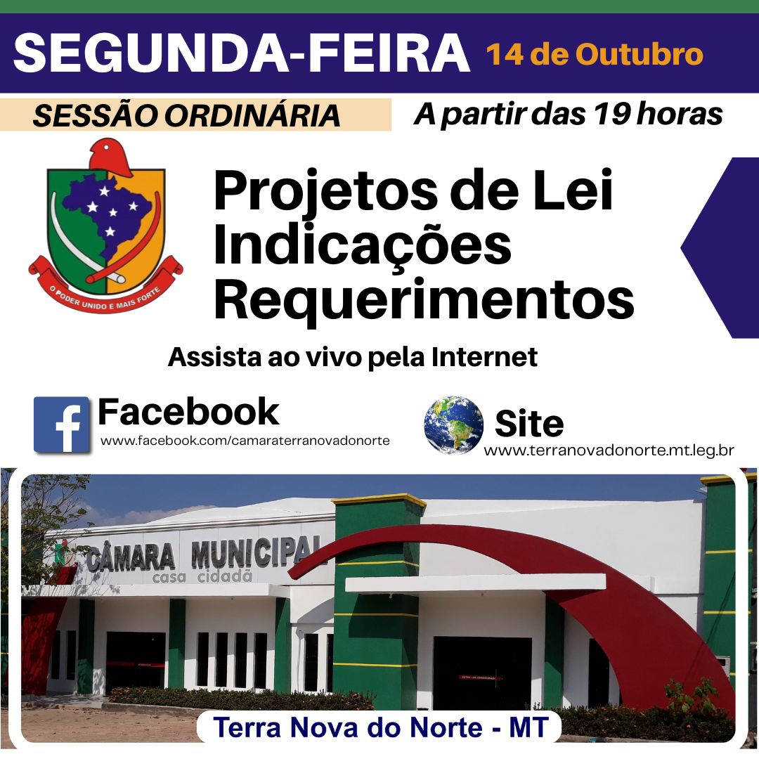 Vereadores de Terra Nova do Norte retornam os trabalhos legislativos nesta segunda-feira dia 14 de outubro a partir das 19 horas.