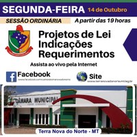 Vereadores de Terra Nova do Norte retornam os trabalhos legislativos nesta segunda-feira dia 14 de outubro a partir das 19 horas.